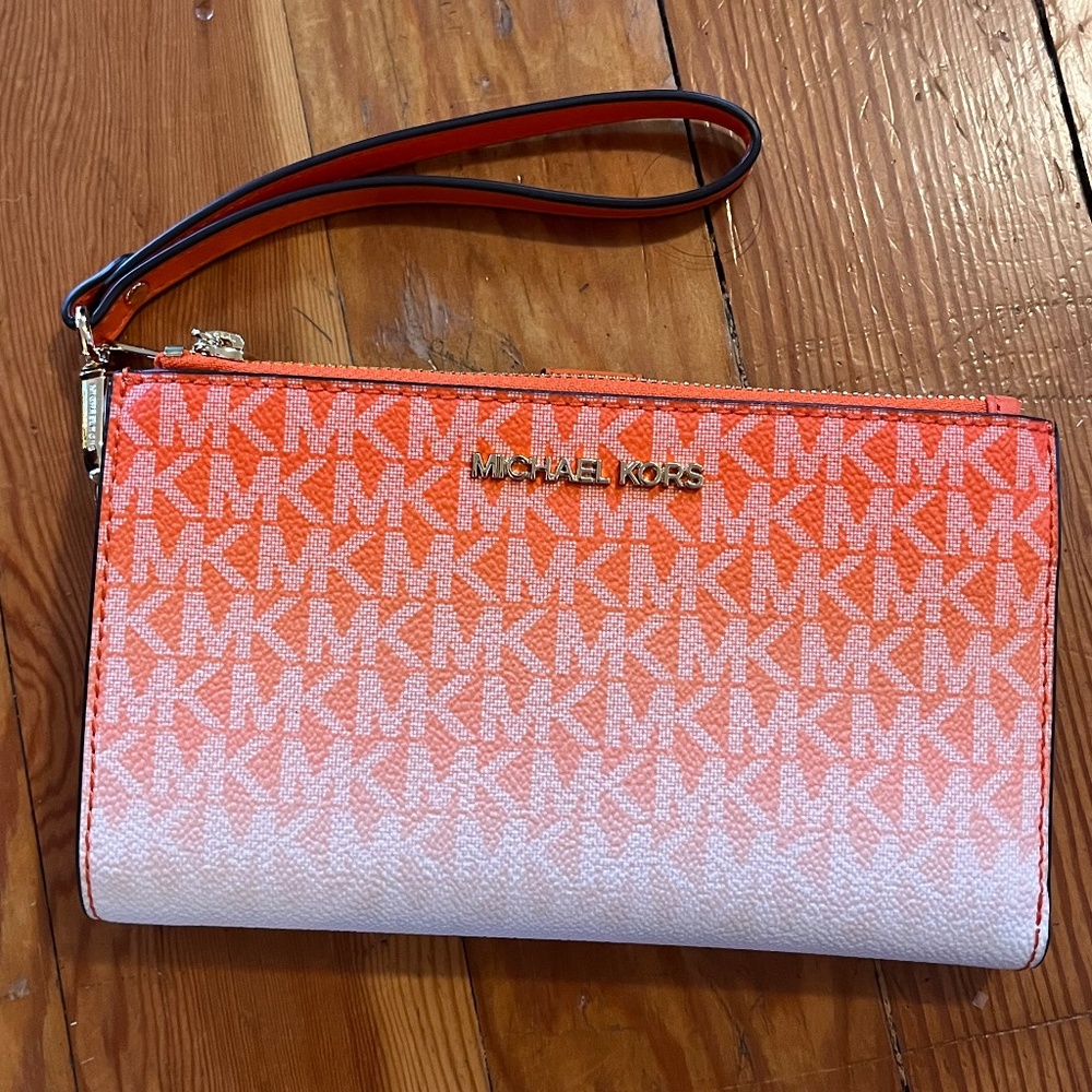 NWT Michael Kors Jet Set Large Ombré Logo Double Zip Wristlet Poppy